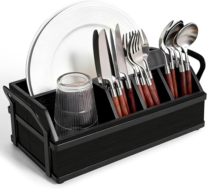 Large Kitchen Utensil Holder Caddy, 6 Compartments Wooden Utensils Organizer for Cooking Utensils, Silverware, Paper Plate, Spoon, Fork, Cutlery Storage on Kitchen Countertop for Party Hosting-Black