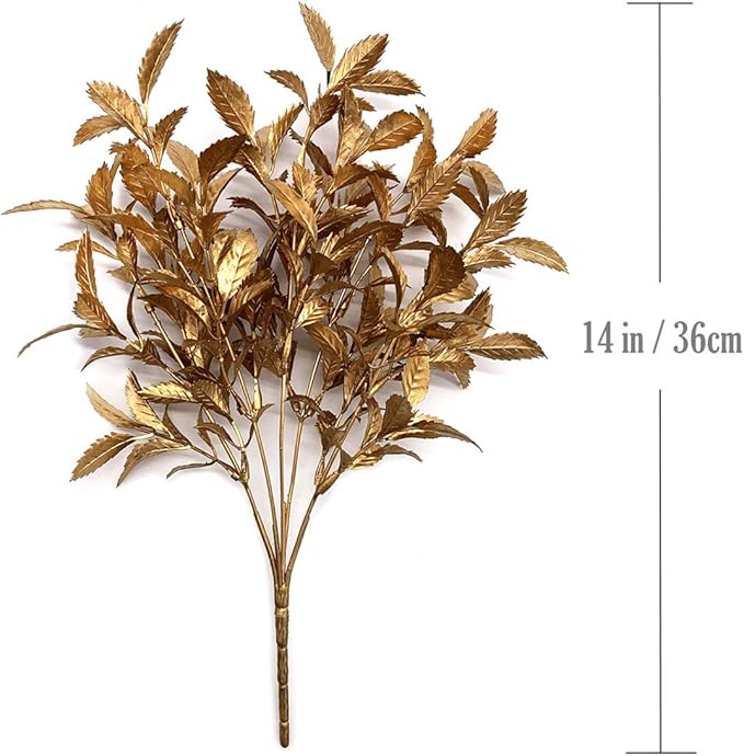 CATTREE Artificial Plants for Christmas, Plastic Grass Faux Shrubs Fake Leaves Simulation Bushes Home Indoor Outdoor Garden Wedding Festival Decoration Hall Office Table Planter Filler – Gold 2 Pack