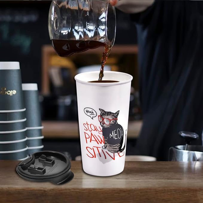 Ceramic Travel Coffee Mug, Reusable White Mug Unique To Go Coffee Cup with Splash Resistant Lid, Cute Travel Mugs for Cat Mon Dad Cat Lovers, 12 Ounce, Funny MEOW with Glasses Decor (Stay Paw Sitive)