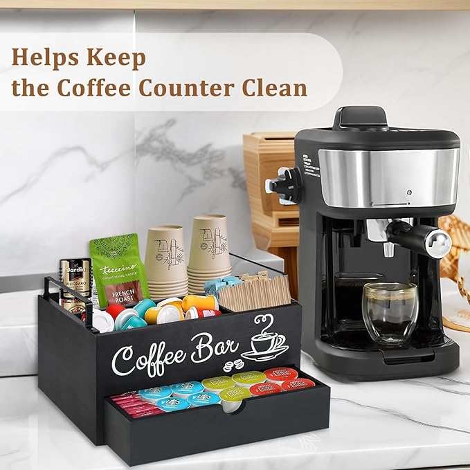 Wood Coffee Bar Organizer with Handle, Coffee Station for Countertop, Bar Station Accessories for Decor, 5 Countertop Storage Accessories Tea Bag Organizer (Double-Deck)