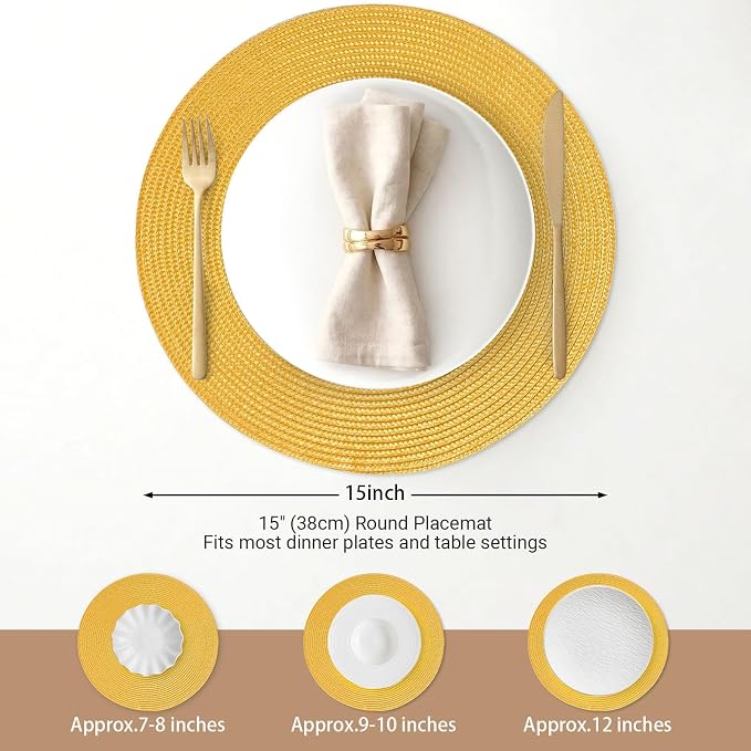 FunWheat Round Braided Placemats Set of 6 Table Mats for Dining Tables Woven Washable Non-Slip Place mats 15inch for Spring(Yellow, 6pcs)