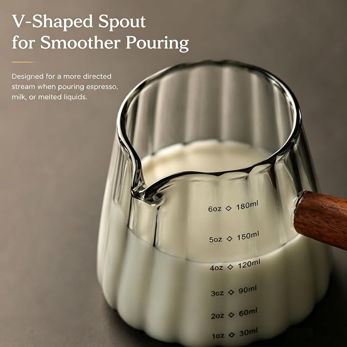 6 oz Espresso Cups - Glass Measuring Cups with Spout - Ribbed Small Creamer Pitcher- Expresso Shots Cup with Wood Handle for Coffee Milk, Dishwasher Safe (Grey, 2 pack)