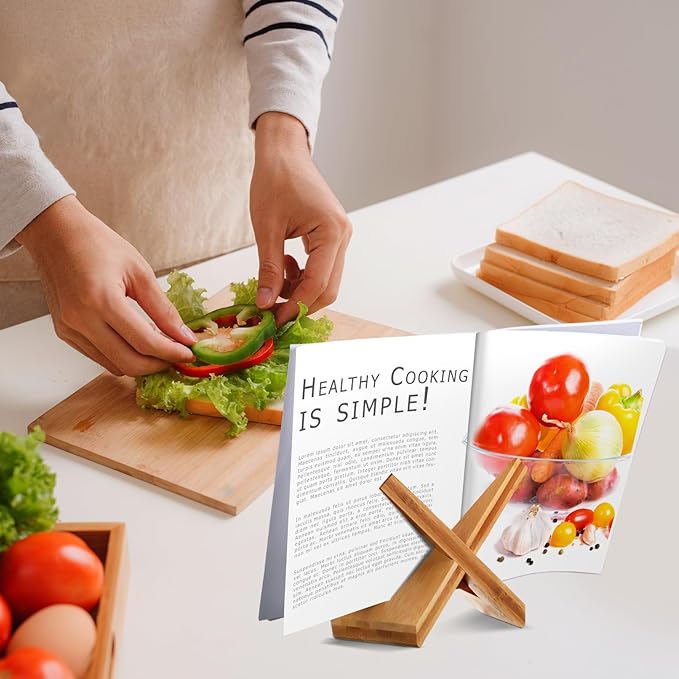 Cookbook Stand for Kitchen Counter, Kitchen Recipe Book Holder, Bamboo Wooden Cookbook Holder, Rustic Cook Bookstand Tablet Stand for Farmhouse Decor for Hardcovers, Magazine(Brown)