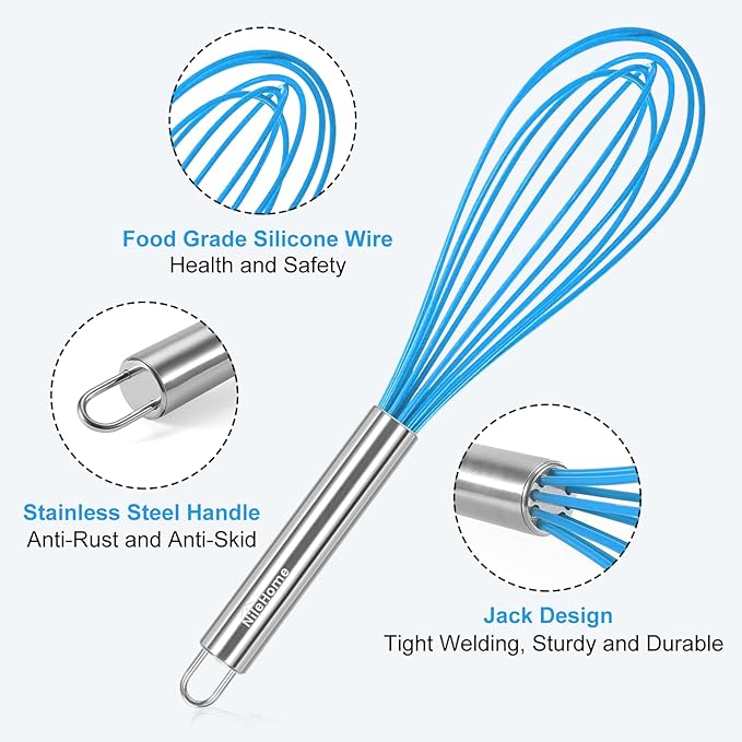 NileHome Whisk Commercial Stainless Steel wisk & Silicone Non-Stick Coated Small Whisk Set 8" 10" 12" Kitchen Wisk Wire Whisks for Cooking 3 Pack, Bule