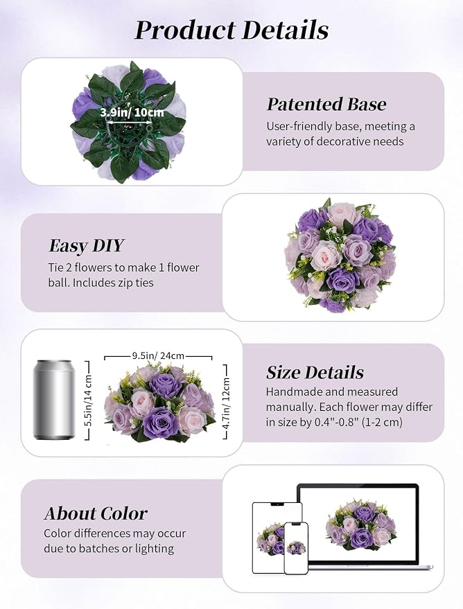 BLOSMON Wedding Flower Centerpieces for Tables: 6 Pcs Pink Purple Roses | Artificial Silk Flower Balls Arrangement Decorations for Home - Fake Silk Floral Bouquet with Base Party Reception Decor