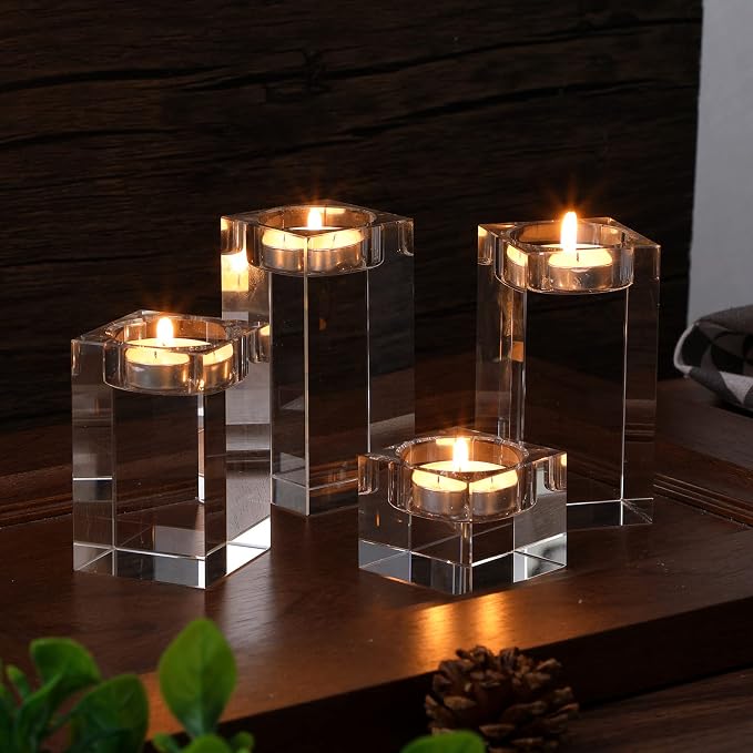 6 Pcs Crystal Tea Light Candle Holders Glass Votive Candle Stands Square Candlestick Holders for Wedding Dining Living Room Centerpiece Decorations, 1.57", 3.15", 3.94"
