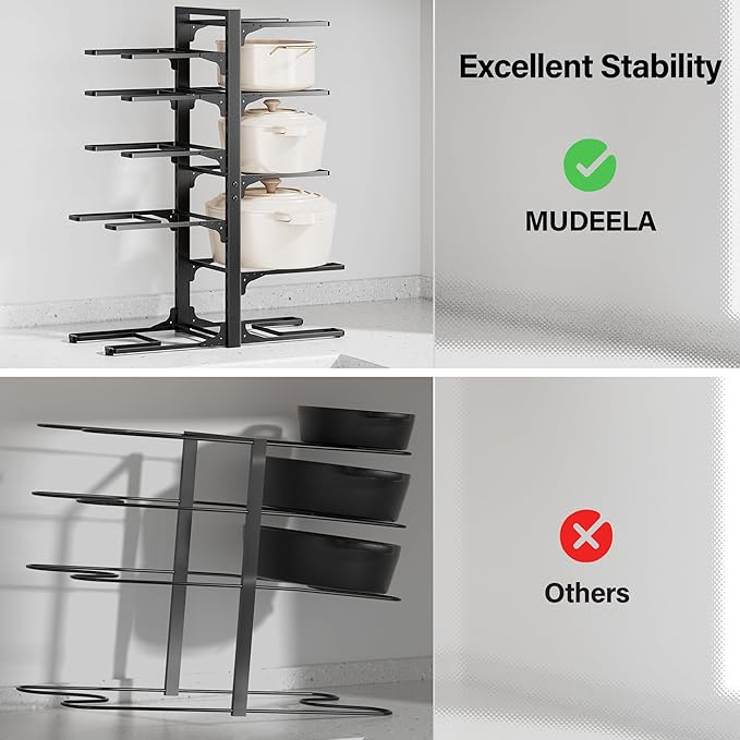 MUDEELA 10-Tier Pots and Pans Organizer under Cabinet, 23.62" Height Heavy Duty Pot and Pan Organizer Kitchen Cabinet Organization and Storage, Adjustable Pot Rack for Frying Pan, Cast Iron Skillet