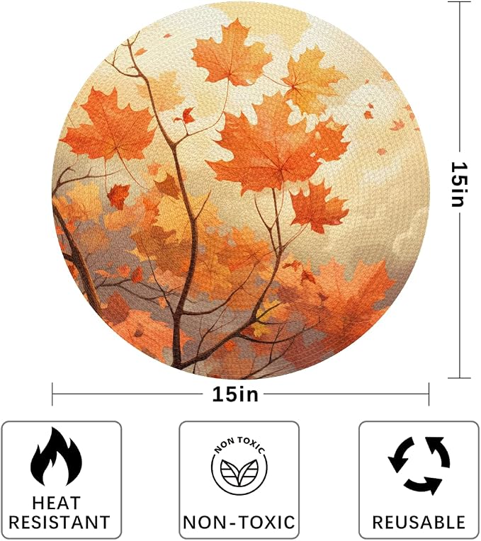 Round Placemats Set of 4, Fall Maple Leaves Branches Woven Placemats Mats Non-Slip Heat Resistant Washable Table Mats Round Braided Place for Farmhouse Kitchen Dining Party Decor 15in