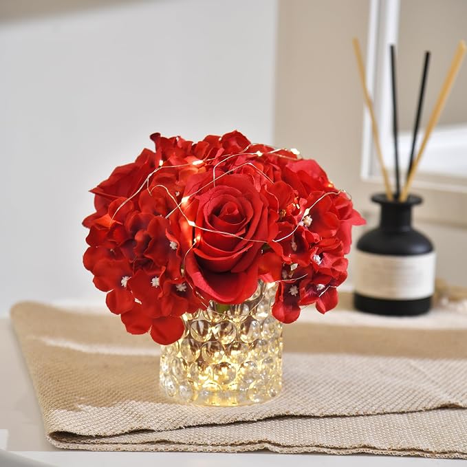 Rose Silk Flower Arrangement Artificial Vivid Rose in Glass Vase with LED Light Elegant Centerpiece for Home Wedding Bathroom Table Shelf Decoration (Red)
