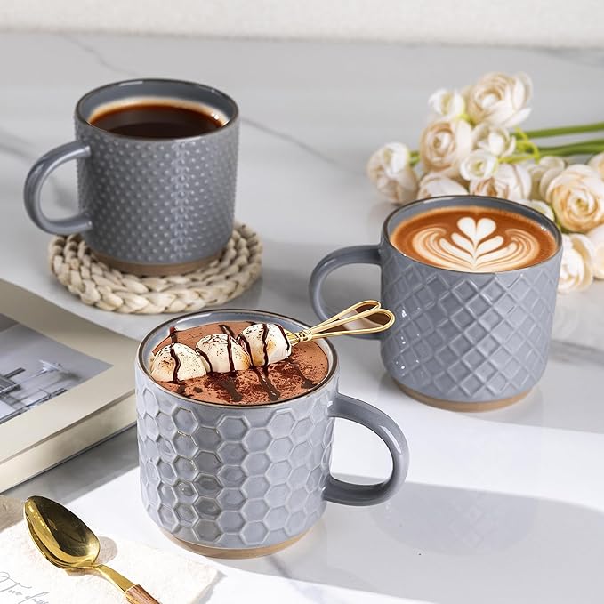 GBhome 8OZ Stackable Coffee Mugs Set of 4, Ceramic Coffee Mugs with Texture Patterns for Man,Woman,Dad,Mom, Modern Coffee Cups for Latte/Cappuccino/Cocoa. Dishwasher&Microwave Safe, Gray