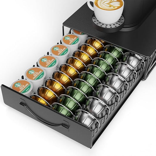HFHOME Coffee Pod Holder Drawer Compatible with Nespresso - 48 Small or 24 Large VertuoLine Pods - Coffee Capsule Storage Organizer for Vertuo - Coffee Capsule Holder for Home Kitchen