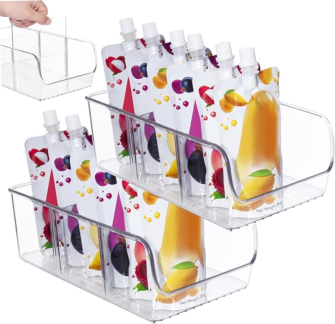Snack Containers for Pantry, 2PCS 11x5.5x3.5 Snack Storage with Removable Dividers, Clear Plastic Bin, Stackable Organizer for Office, Fridge, Cabinet, Kitchen Containers