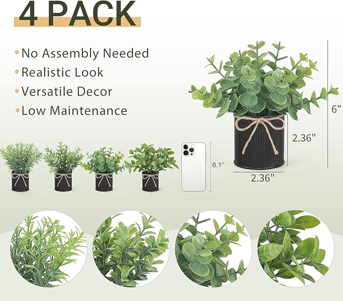 Mkono 4 Packs Small Fake Plants in Farmhouse Galvanized Pots Table Centerpiece Mini Potted Artificial Plants Faux Eucalyptus for Shelf Office Rustic Home Decor (Black, Mini-6" H)