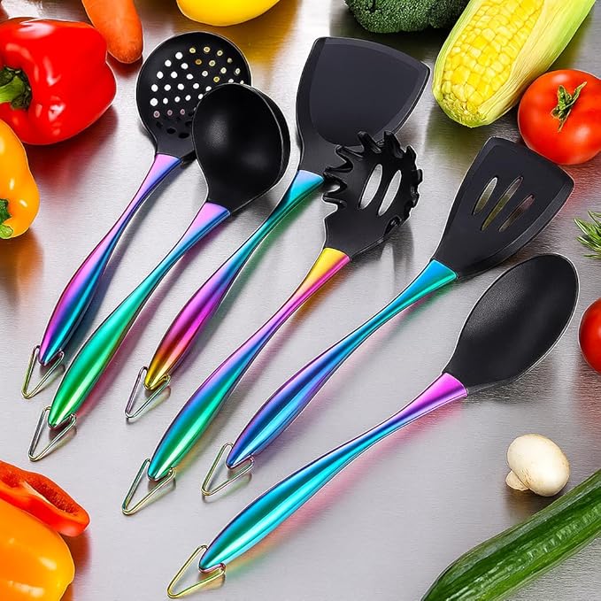 Silicone Cooking Utensils Set, 9Pcs Kitchen Utensil Set with Stainless Steel Handle, Heat-Resistant Silicone Utensils for Cooking, Non-Stick Spatula Set with Spoons, Turners, Ladle (Rainbow)