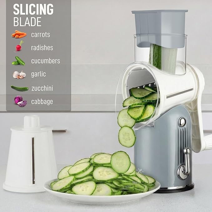 Zulay Kitchen Rotary Cheese Grater 5 Blade Cheese Shredder - Manual Hand Crank Cheese Grater With Reinforced Suction & 5 Interchangeable Drums - Easy to Use, Vegetable Chopper Round Mandoline Slicer