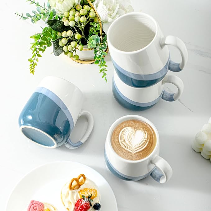Coffee Mugs Set of 4,Ceramic 15 OZ Coffee Cups with Big Handle,Large Tea Cups for Hot Beverages,Yogurt, Cappuccino,Latte,Gift for Mom and Dad,Dishwasher Safe&Microwave Safe,White & Blue
