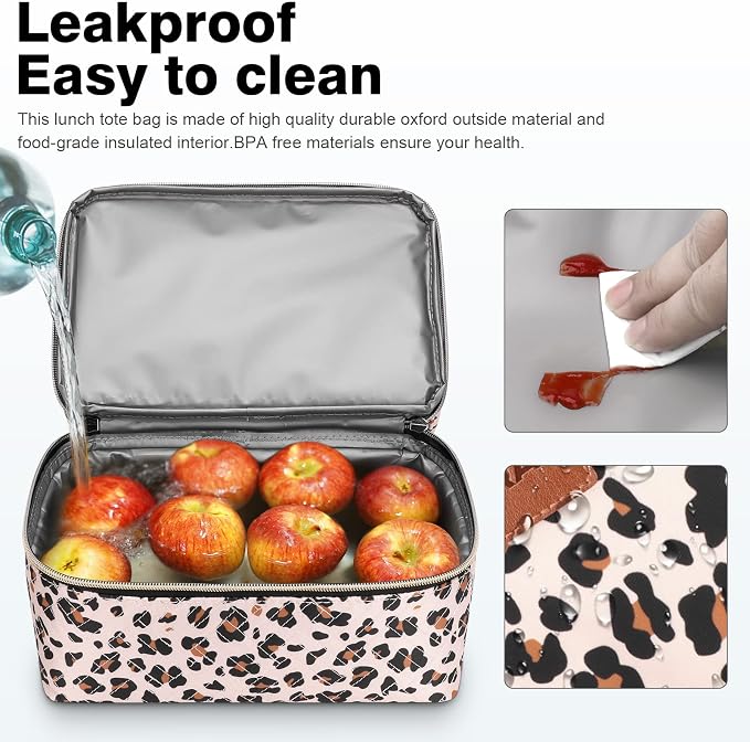 BALORAY Lunch Bag for Women Men Insulated Lunch Box for Adult Reusable Lunch Tote Bag for Work, Picnic or Travel (Khaki Leopard with Strap,L)