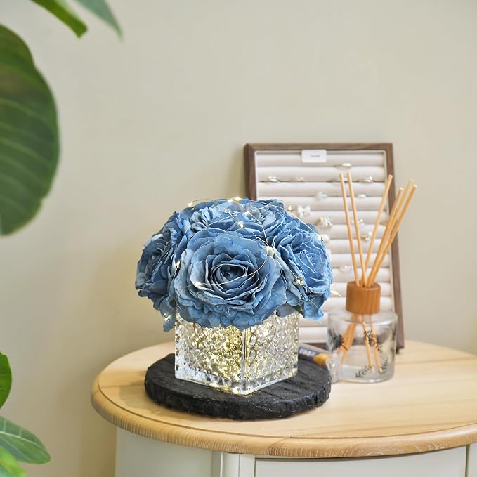 Artificial Rose in Glass Vase Vintage Silk Flower Arrangement with LED Light for Table Centerpiece Home Wedding Decoration (Dusty Blue)