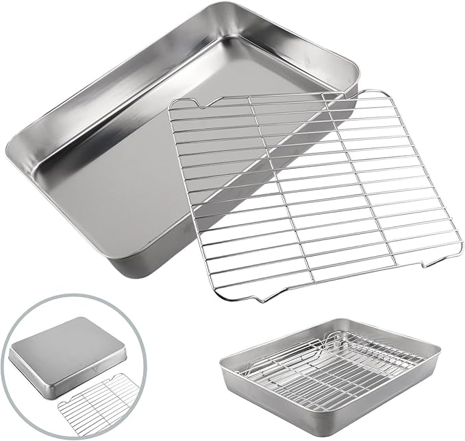 Stainless Steel Baking Pan Tray Set with Cooling Rack for Baking Roasting BBQ Cookies Vegetables Cakes Dishwasher Safe Oven Safe Rust-Resistant Mirror Finish Suitable Size for Kitchen Use(31x24x5cm)