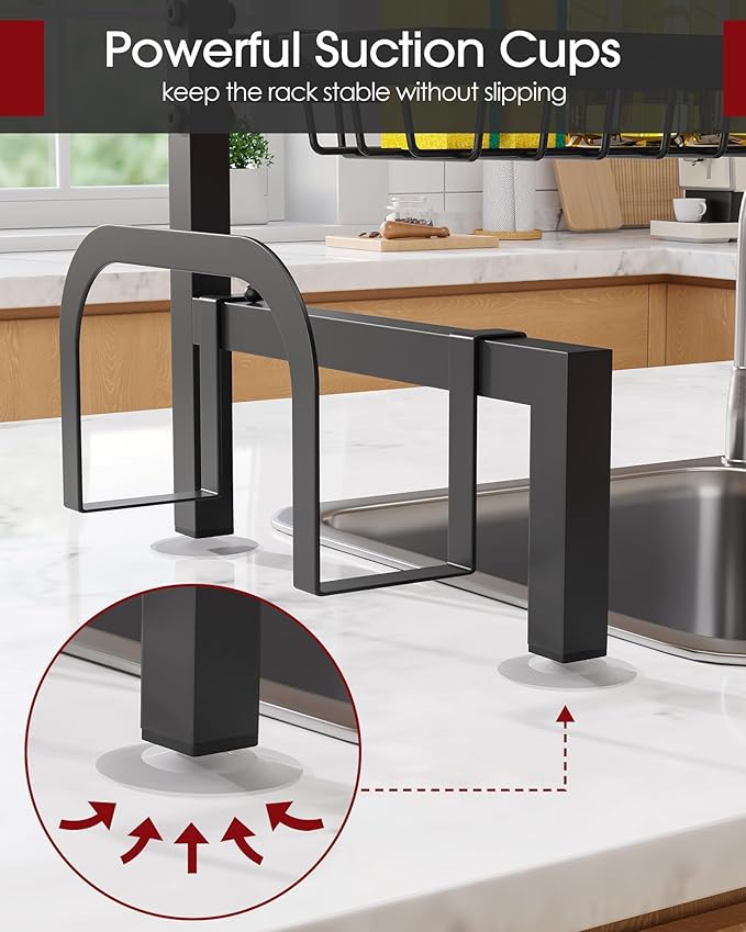 Sakugi Over The Sink Dish Drying Rack - Adjustable 2 Tier Large Capacity Stainless Steel Drainer with Cutlery & Utensil Holders, Kitchen Storage & Organization, 30"-33.9" L x 11" W x 21.5" H, Black
