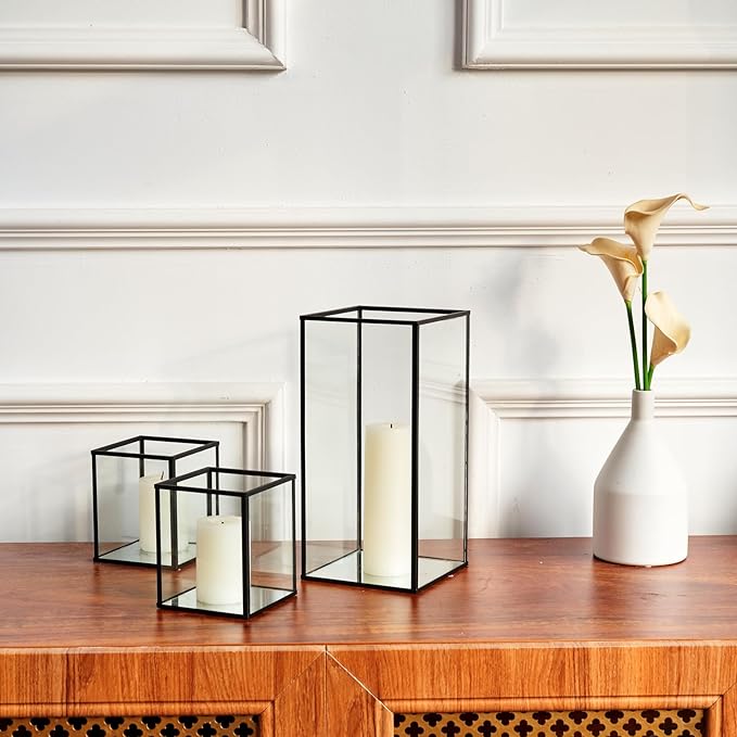 yshengood Hurricane Candle Holder Set of 3 Pcs, Black Candle Holder for Pillar Candle