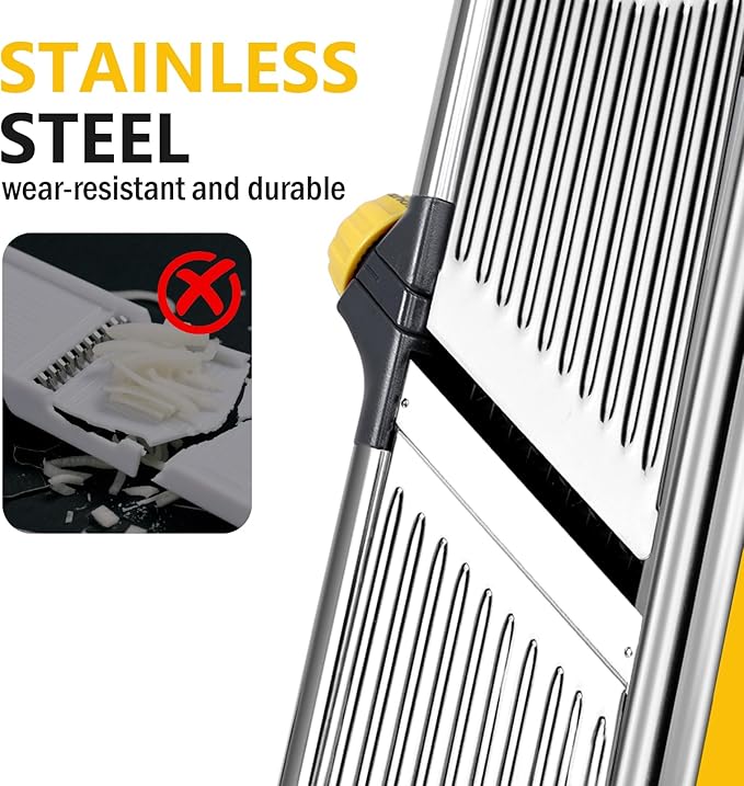 Masthome Adjustable Mandoline Food Slicer, Mandoline Slicer for Kitchen, Stainless Steel Mandolin, Fruit and Vegetable Cutter with Cut-Resistant Gloves and Cleaning Brush-Yellow