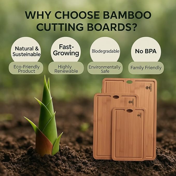 Bamboo Cutting Board Set – Durable 3-Piece Carbonized Brown Bamboo Boards with Deep Juice Grooves & Hanging Holes, Eco-Friendly Wooden Cutting Boards for Meat, Vegetables & Fruits