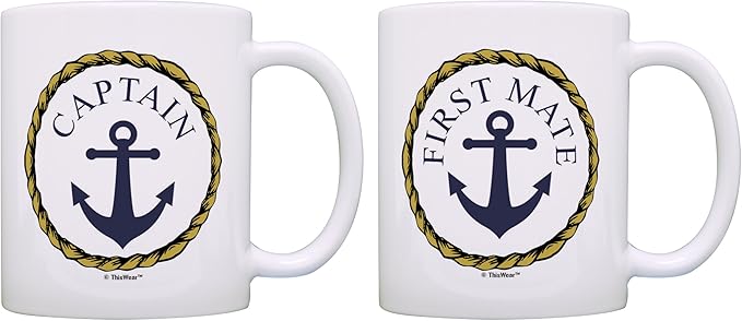 Captain and First Mate Couples Sailing Nautical Mug Bundle 2 Pack 11oz Ceramic Coffee Mugs Set