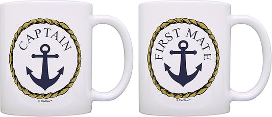 Captain and First Mate Couples Sailing Nautical Mug Bundle 2 Pack 11oz Ceramic Coffee Mugs Set