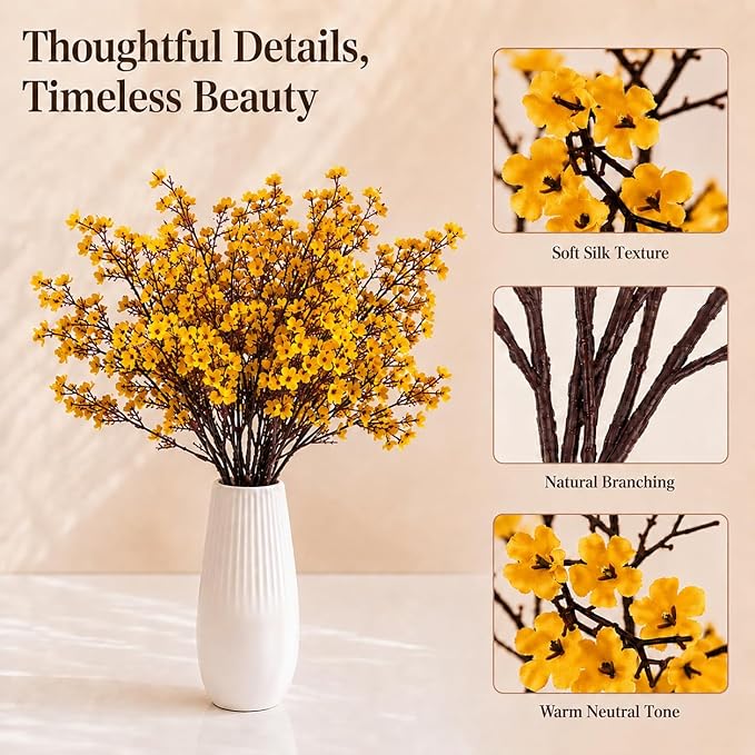 Mandy's Dark Yellow Artificial Baby’s Breath Flowers 6 Bundles Silk Gypsophila, 18.5 Inch European Style Modern Home Decor Centerpiece, Neutral Wedding Flower Arrangements