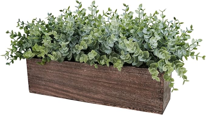 Winlyn 14" Artificial Eucalyptus in Rectangular Wood Planter Box Faux Plants Arrangement Centerpiece Wooden Potted Eucalyptus Plant for Farmhouse Wedding Dining Table Centerpiece Greenery Mantel Décor
