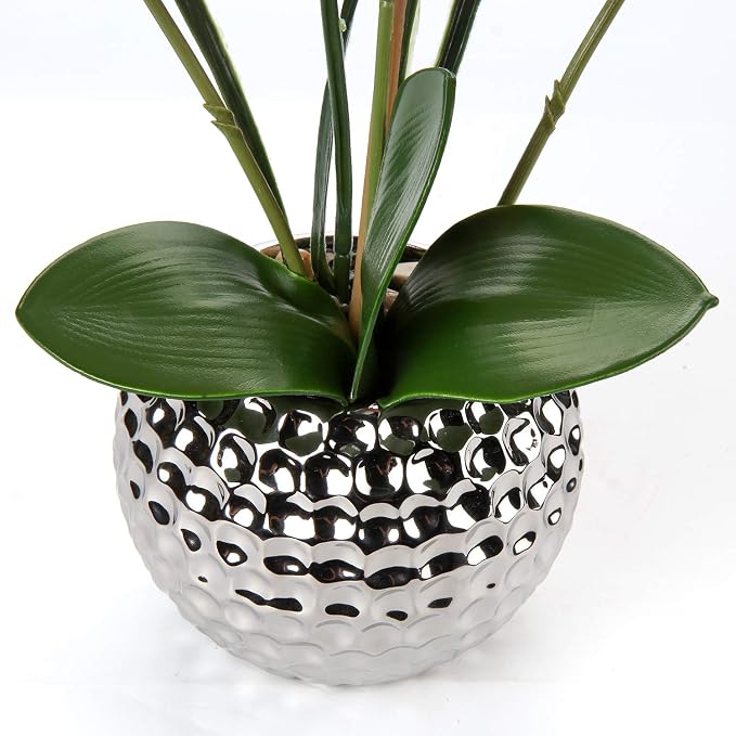 Oairse Artificial White Phalaenopsis Orchid Flower Arrangements 20.8" Faux Orchid Flower in Silver Pot Orchid Centerpiece for Dining Room Table