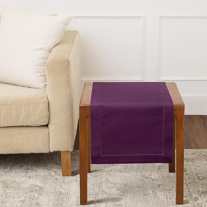 Solino Home Purple Table Runner 36 Inches - Cotton Linen Hemstitch Coffee Table Runner 14 x 36 Inch Ideal for Dresser Tables