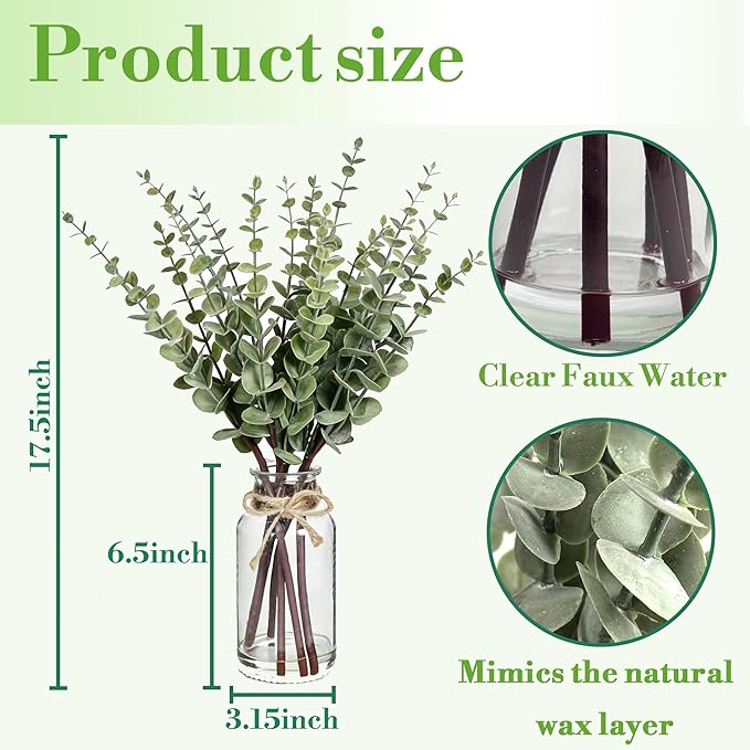 Artificial Eucalyptus Stems in Glass Vase with Faux Water, 17.5" Faux Greenery for Vase,Fake Plants for Bathroom Decor Farmhouse Room Decor Table Decorations Home Decor Wedding (Sage Green)
