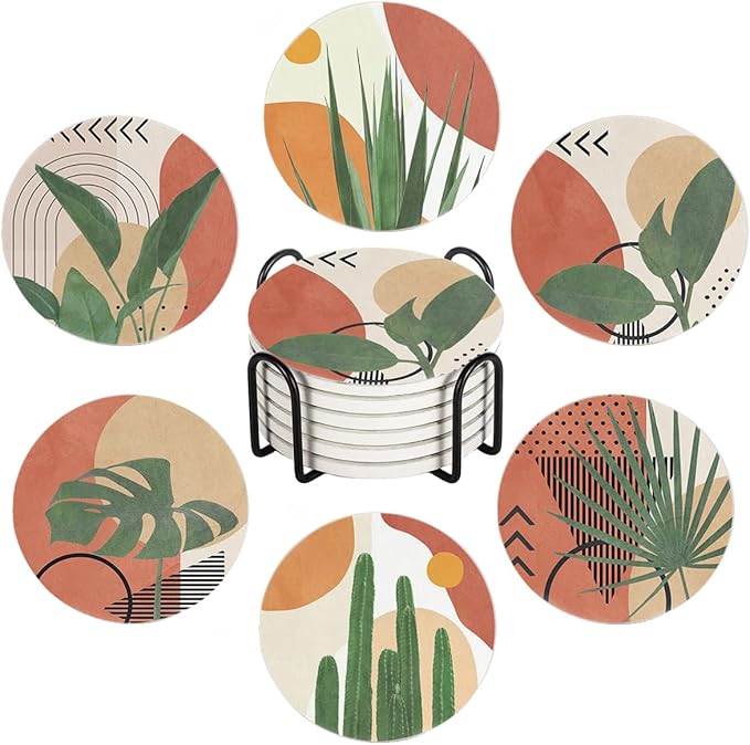 HUXJOKO Coasters for Drinks Set of 6,Modern Boho Tropical Leaves Absorbent Ceramic Coaster,Round Stone Mat,with Cork Base and Metal Holder for Coffee Table Room Bar Home Decor Housewarming Gifts