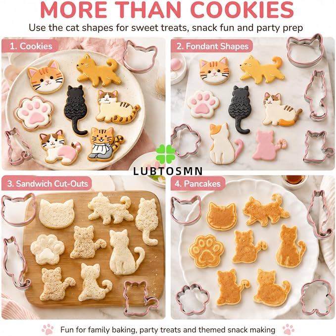 LUBTOSMN 8 Piece Cat Cookie Cutters Set, Silicone Rim Baking Set | Dishwasher-safe stainless steel cutters for cookies, fondant, sandwiches, cat parties and home baking treats.