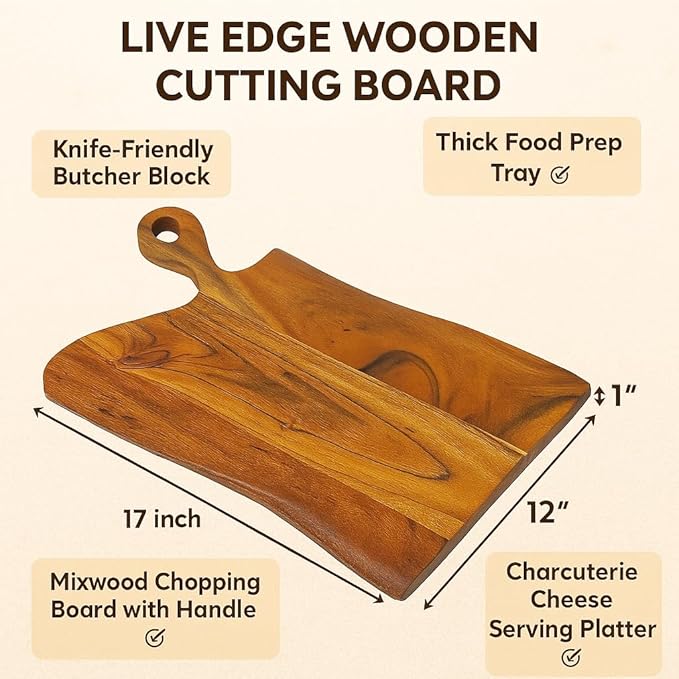 Live Edge Wooden Cutting Board, Mixwood Chopping Board with Handle for Kitchen, Knife-Friendly Butcher Block, Charcuterie Cheese Serving Platter, Thick Food Prep Tray for Meat, Vegetable, 17"x12"
