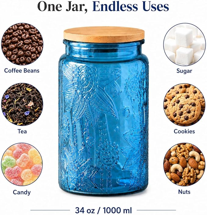 ANSQU Blue Glass Jars, 34oz Vintage Glass Kitchen Storage Counter Jar, Candy Jars with Lids, Decorative Mason Jars Hold Coffee Beans, Tea, Cookie, Sugar, Bath Salts (Blue, 2 Pack)