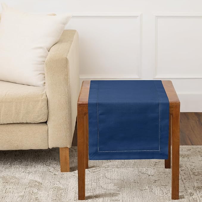Solino Home Cotton Linen Table Runner 36 Inches - Lapis Blue Hemstitch Table Runner 14 x 36 Inch Ideal for Dresser and Coffee Tables