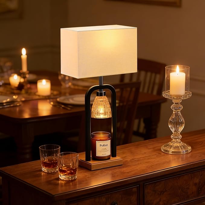 PoKat Electric Candle Warmer Lamp Black, Candle Lamp Warmer with Timer Dimmer & Wood-Like Base, Wax Light Warmer Lamp Jar Candles, Farmhouse Table Lamp for House Warming New Home Decor, Bulb Included