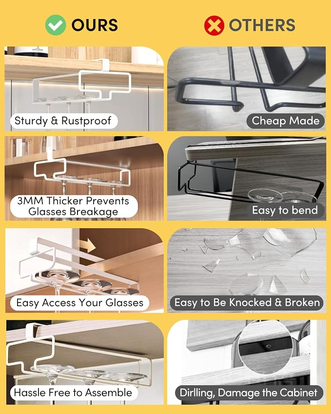 LINFIDITE 2 Pack Wine Glass Holder Stemware Rack Hanger Under Cabinet Wine Glass Rack Kitchen Hanging Storage Rack Organizer,White(For Partition Thickness under 0.98")