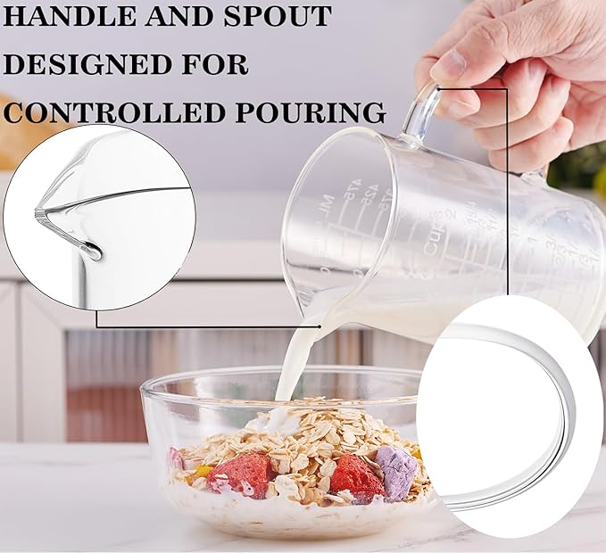 Ackers Etched Graduated Glass Measuring Cup - [Insulated Handle | V-Shaped Spout] - High Borosilicate Glass Measuring Cup for Kitchen or Dining, Easy to Read, 500 ML (16 Oz, 2 Cup)