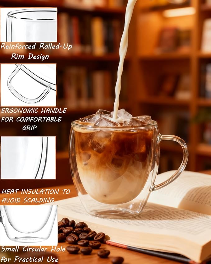 Glass Coffee Cups Set Of 6 - 8.5oz Double Walled Glass Coffee Mugs with Handle,Clear Insulated Borosilicate Glass Mug,Suitable for Cappuccino,Tea,Latte,Hot Beverage and Wine (6 Pack 8.5oz +6 Spoons)