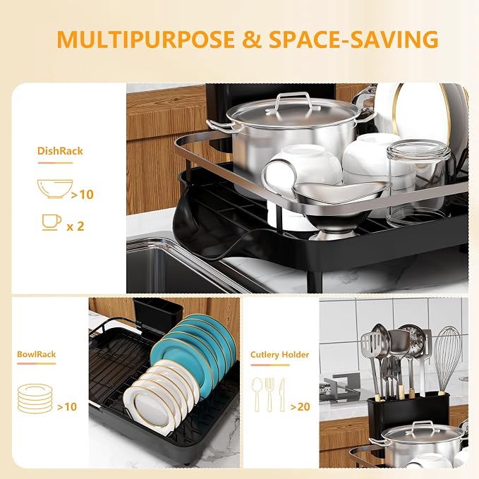 Expandable Dish Drying Rack，Dish Rack for Kitchen Counter-Dish Drainer with Efficient Drainage, Drainboard Set, and Utensil Holder, Over the Sink Dish Drainer Drying Rack
