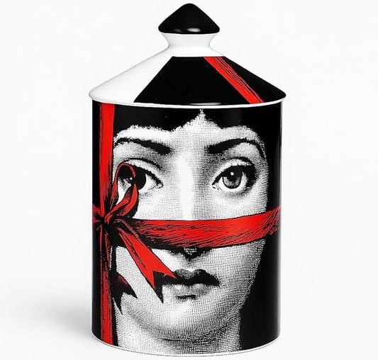 Handcrafted Italian Candle Holder Modern Art Vase with Female Face Design, Elegant Aromatherapy Jar for Tabletop Decor, Ceramic Material (Red Lace)