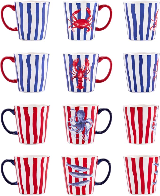 Bico Ocean Wonders Scalloped Ceramic Mug Set of 4, Christmas Coffee Mugs, 15oz Holiday Cups for Tea, Cocoa, or Hot Drinks, Microwave & Dishwasher Safe