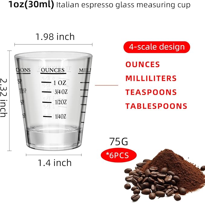 6Pcs Shot Glasses Measuring Cup Espresso Shot Glasses Liquid Heavy Glass 26-Incremental Measurement 1 OZ, 2 TBS, 6 TSP, 30 ML Kitchen Tools (6, Black)