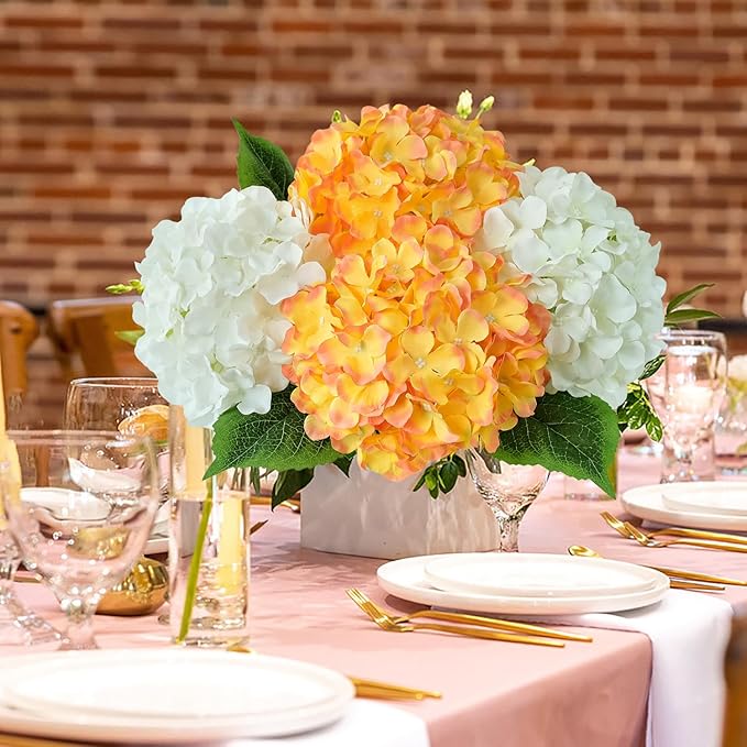 JINWOE Silk Hydrangea Artificial Flowers, 5Pcs 20Inch Large Lifelike Silk Artificial Hydrangeas, Full Fake Flowers for Bouquet Table Centerpieces Wedding Indoor Home (Yellow &Orange)