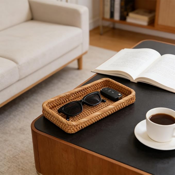 Small Rattan Serving Tray, Natural Wicker Decorative Tray for Trinket Ring Cosmetic, Rectangular Keys Basket Jewelry Perfume Trays for Coffee Table Entryway Living Room(10" × 5.1")