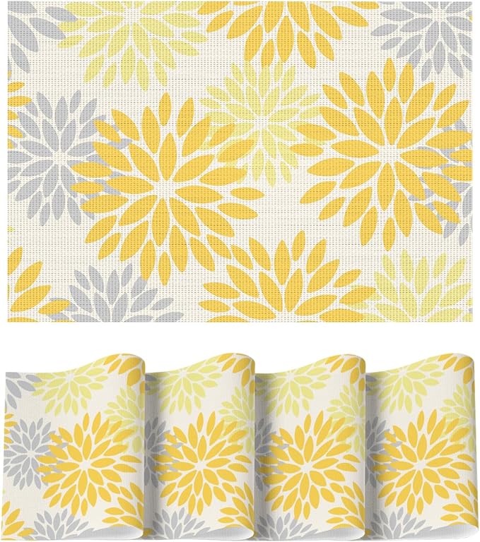 Artoid Mode Floral Plastic Placemats Set of 4, Washable Heat Resistant Non-Slip Plastic PVC Place Mats for Farmhouse Holiday Party Dining Decor